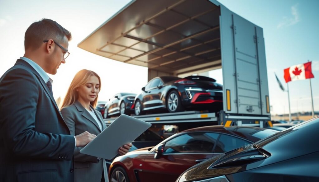 A bustling car shipping terminal in Canada, showcasing rows of vehicles ready for transport. In the foreground, two professionals in smart business attire are examining an instant vehicle shipping estimate on a digital tablet. The middle layer features a large car carrier truck, meticulously loaded with various cars of different colors, reflecting the efficiency of Best Car Shipping Inc. The background reveals a clear blue sky and the Canadian flag waving gently under soft sunlight, creating a positive and hopeful atmosphere. The scene is captured from a low angle, emphasizing the grandeur of the car transporter and evoking a sense of reliability and professionalism in the vehicle shipping industry. A bustling car shipping terminal in Canada, showcasing rows of vehicles ready for transport. In the foreground, two professionals in smart business attire are examining an instant vehicle shipping estimate on a digital tablet. The middle layer features a large car carrier truck, meticulously loaded with various cars of different colors, reflecting the efficiency of Best Car Shipping Inc. The background reveals a clear blue sky and the Canadian flag waving gently under soft sunlight, creating a positive and hopeful atmosphere. The scene is captured from a low angle, emphasizing the grandeur of the car transporter and evoking a sense of reliability and professionalism in the vehicle shipping industry.
