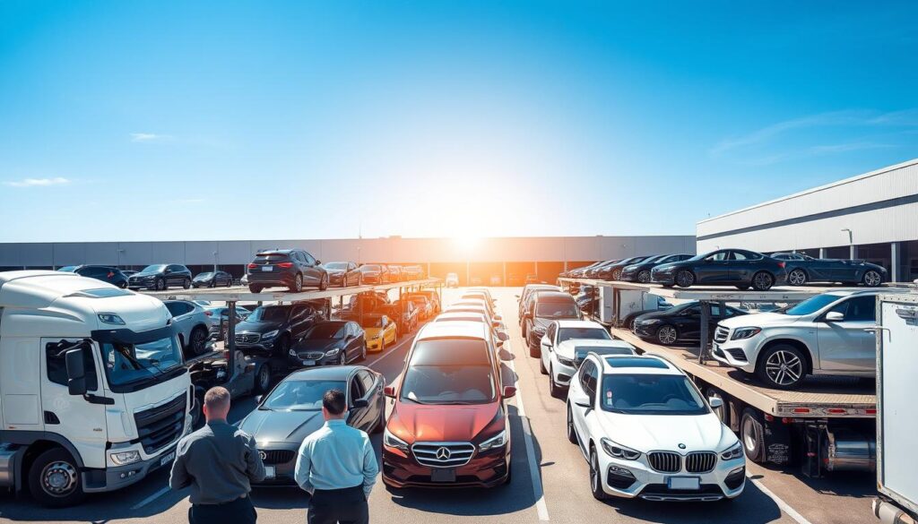 A bustling car shipping terminal under bright, natural sunlight, showcasing a range of vehicles on transport trucks ready for nationwide delivery. In the foreground, professional workers in business attire manage the logistics, coordinating with drivers and inspecting cars. The middle ground features several car transport trucks lined up, loaded with a diverse array of cars including sedans, SUVs, and luxury vehicles, highlighting the variety of shipping options. The background depicts an expansive warehouse with clear blue skies, symbolizing the wide reach of services across the US. The overall atmosphere conveys efficiency and reliability, with a vibrant and optimistic feel, emphasizing convenience and availability for customers seeking hassle-free car transport.