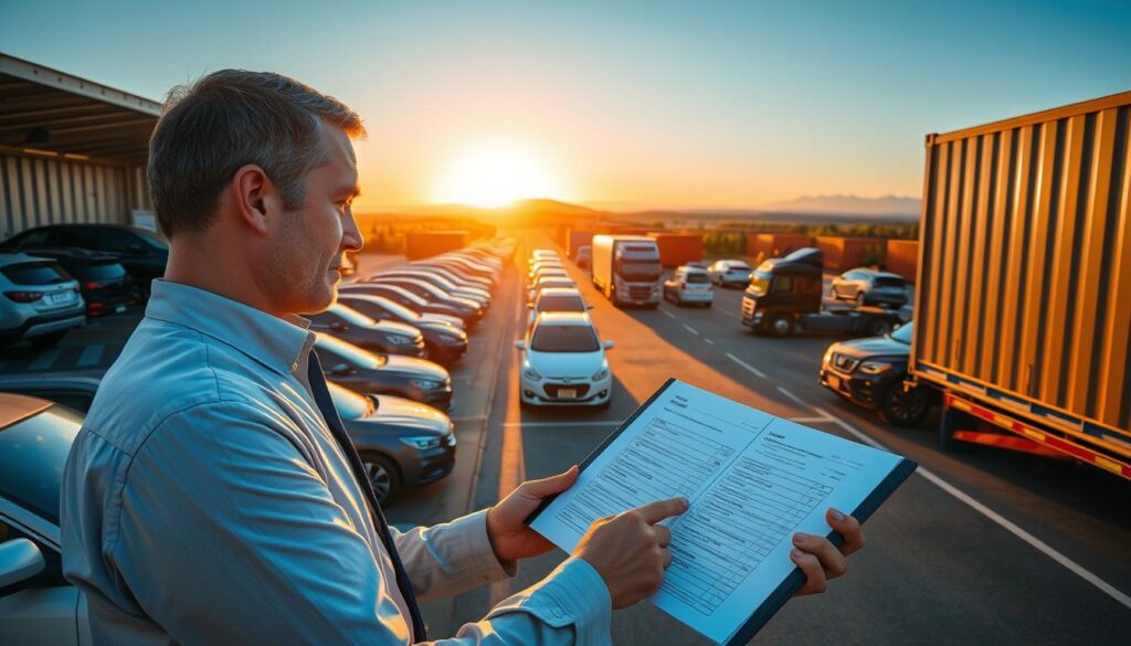 A bustling car shipping yard in Canada during the golden hour, showcasing a variety of vehicles, including sedans and SUVs, loaded onto large transport trucks and shipping containers. In the foreground, a professional-looking individual in business attire is reviewing shipping documents, pensively analyzing an instant quote on a digital tablet. The middle ground features lined-up transport trucks ready for interstate travel, glistening under the warm sunlight, while in the background, vast Canadian landscapes are visible, dotted with green trees and distant mountains. The atmosphere conveys efficiency and reliability, with a clear blue sky adding a sense of optimism and professionalism. The scene is captured with a wide-angle lens to emphasize depth and details, providing an immersive perspective on the car shipping process without any distractions or text elements. A bustling car shipping yard in Canada during the golden hour, showcasing a variety of vehicles, including sedans and SUVs, loaded onto large transport trucks and shipping containers. In the foreground, a professional-looking individual in business attire is reviewing shipping documents, pensively analyzing an instant quote on a digital tablet. The middle ground features lined-up transport trucks ready for interstate travel, glistening under the warm sunlight, while in the background, vast Canadian landscapes are visible, dotted with green trees and distant mountains. The atmosphere conveys efficiency and reliability, with a clear blue sky adding a sense of optimism and professionalism. The scene is captured with a wide-angle lens to emphasize depth and details, providing an immersive perspective on the car shipping process without any distractions or text elements.