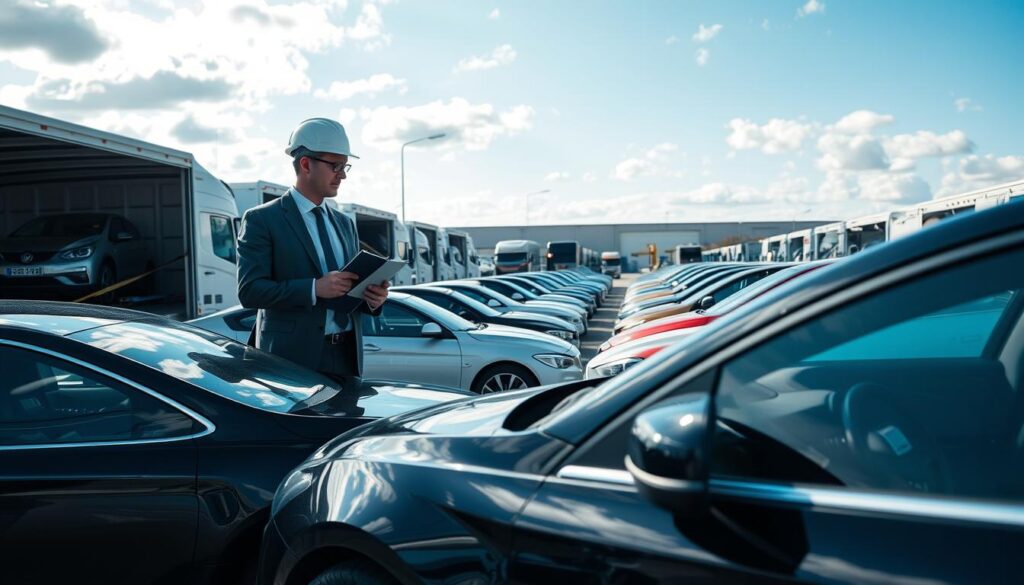 A bustling car shipping yard in Canada, featuring a diverse array of vehicles lined up for transport. In the foreground, a professional man in business attire inspects a gleaming sedan, holding a clipboard and wearing a safety helmet. The middle ground showcases transport trucks, with open trailers loaded with cars secured by straps. In the background, the expansive facility is framed by a bright blue sky and scattered clouds, emphasizing a sense of efficiency and organization. Soft natural lighting highlights the cars' polished surfaces and the workers' diligence, creating a vibrant, dynamic atmosphere that conveys safety and reliability in car shipping operations. The image captures the process from pickup to delivery, reflecting professionalism and trust.