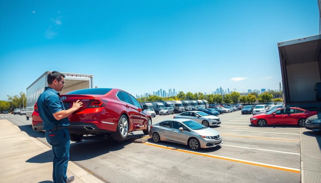 A bustling car transport terminal under a clear blue sky, showcasing a variety of vehicles being loaded onto a large truck designed for cross-state auto shipping. In the foreground, a professional-looking worker in a blue uniform inspects a shiny, red sedan as it is rolled off the truck. In the middle ground, multiple trucks are positioned for loading and unloading, with several vehicles visible, including sedans, SUVs, and a classic car, emphasizing diversity in auto transport. The background features a well-organized parking lot with neatly lined vehicles, surrounded by green trees and a distant city skyline, adding a sense of location. Bright, natural lighting creates a vibrant atmosphere, with a slight lens flare to enhance the feeling of a sunny day.