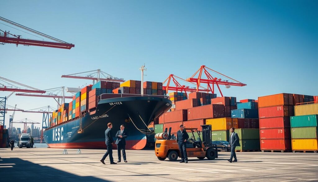 A bustling cargo shipping yard showcasing a reliable freight scene. In the foreground, a large container ship is being unloaded at a modern dock, with workers in professional business attire coordinating the process. In the middle ground, colorful shipping containers are stacked neatly, while a forklift efficiently moves goods. The background features a clear blue sky and distant cranes against a vibrant city skyline, symbolizing urban connectivity. The lighting is bright and natural, casting soft shadows that enhance the sense of teamwork and professionalism. The mood is dynamic yet organized, reflecting a sense of trust and reliability in cargo shipping. The angle is slightly elevated, capturing the entire scene with a comprehensive view of the logistics operation.