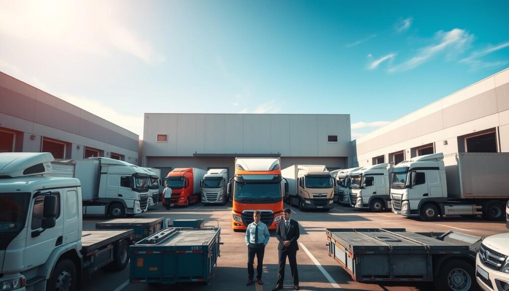 A bustling logistics hub in Ontario, showcasing a modern shipping facility with various trucks and cargo vehicles in the foreground. In the middle ground, workers in professional business attire coordinate the loading and unloading of vehicles, emphasizing precision and teamwork. The background features a clear blue sky with soft, natural lighting illuminating the scene, highlighting the efficiency of the logistics operations. The architecture of the hub is sleek and contemporary, with large warehouses and docking areas. The perspective is slightly elevated, capturing a dynamic view of the activities and the organized chaos of transport. The overall mood is industrious and professional, reflecting a reliable and trusted auto transport company dedicated to Canada-wide deliveries. A bustling logistics hub in Ontario, showcasing a modern shipping facility with various trucks and cargo vehicles in the foreground. In the middle ground, workers in professional business attire coordinate the loading and unloading of vehicles, emphasizing precision and teamwork. The background features a clear blue sky with soft, natural lighting illuminating the scene, highlighting the efficiency of the logistics operations. The architecture of the hub is sleek and contemporary, with large warehouses and docking areas. The perspective is slightly elevated, capturing a dynamic view of the activities and the organized chaos of transport. The overall mood is industrious and professional, reflecting a reliable and trusted auto transport company dedicated to Canada-wide deliveries.