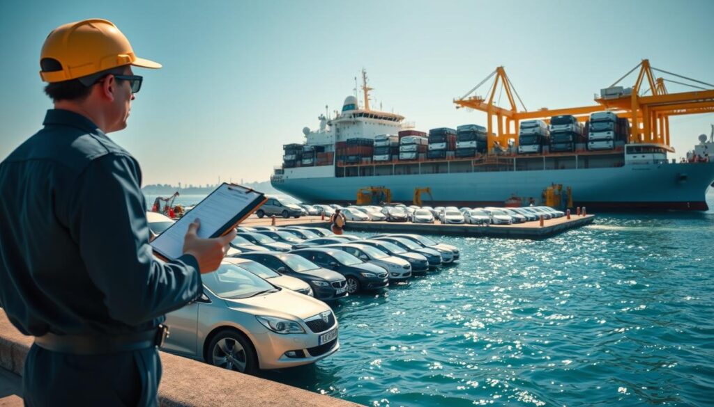 A bustling vehicle shipping port on a bright sunny day, showcasing a large transport ship anchored at a pier loaded with various cars. In the foreground, a professional uniformed worker inspects a newly arrived vehicle, clipboard in hand, ensuring safe handling. The middle ground features rows of meticulously arranged automobiles waiting to be loaded, with cranes in action moving cars onto the ship. In the background, clear blue skies complement the shining water, while distant cityscapes hint at major U.S. cities. Natural lighting enhances the scene, giving a vibrant and efficient atmosphere, highlighting the reliability of vehicle shipping across the United States. The composition is captured from a slightly elevated angle to provide a comprehensive view of the busy logistics operation.