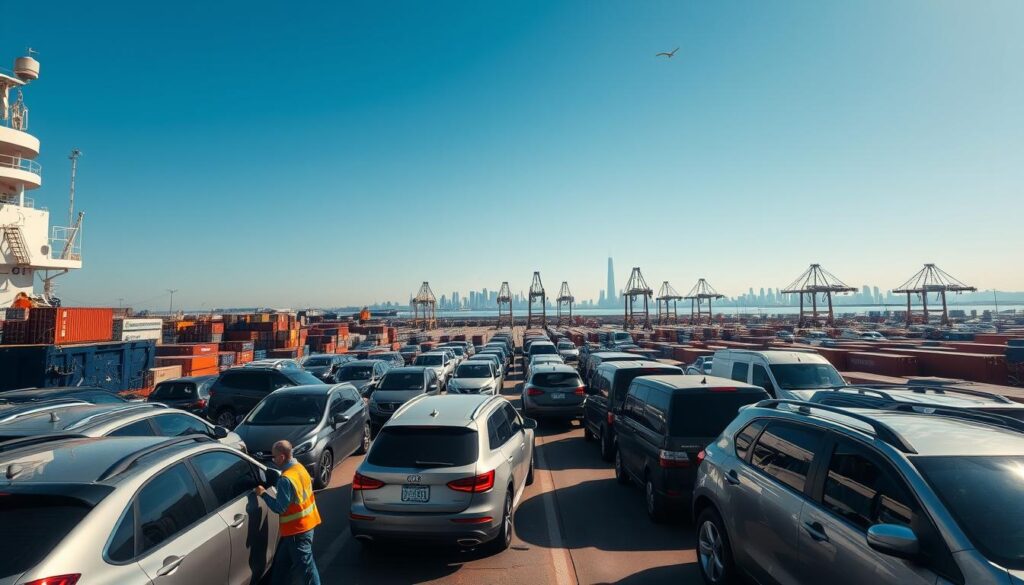 A bustling vehicle shipping port scene under the bright blue sky, showcasing a variety of vehicles being loaded onto a large transport ship in the foreground. Workers in professional attire meticulously secure cars and trucks, demonstrating care and efficiency. In the middle ground, numerous shipping containers and cranes are visible, highlighting the organized chaos of a shipping yard. The background features a distant skyline of a modern city, suggesting the vehicles are being transported to various destinations. The scene is bathed in natural daylight, casting soft shadows and emphasizing the vibrant colors of the vehicles. The overall mood is one of reliability and professionalism, reflecting a sense of trust in the auto transport process.