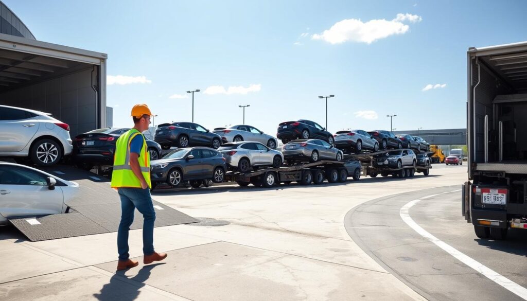 A bustling vehicle shipping terminal during daylight, showcasing a fleet of various cars, trucks, and SUVs being carefully loaded onto an open car carrier trailer. In the foreground, a professional worker in a bright safety vest inspects the vehicles, stepping confidently on the ramp. The middle ground features a modern transport truck with a sturdy design, fully loaded, ready for nationwide shipping. In the background, a clear blue sky outlines the facility, with a few clouds and distant vehicles on a highway, emphasizing the logistics aspect. The lighting is bright and natural, casting soft shadows, creating an efficient and organized atmosphere that conveys a sense of reliability and professionalism in vehicle transport solutions.