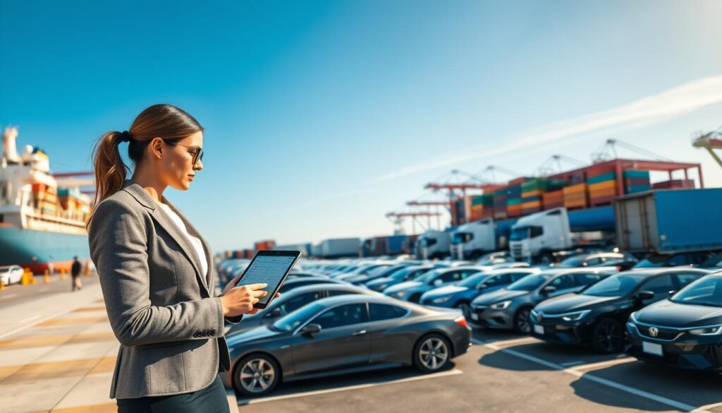 A bustling vehicle shipping terminal during the day, featuring a large cargo ship docked at the harbor, loaded with various cars undergoing transport. In the foreground, a professional businesswoman in smart attire stands beside a state-of-the-art auto shipping calculator, examining a digital tablet displaying instant quotes. The middle ground showcases an array of cars parked in neat rows, ready for shipping, with transport trucks in the background preparing to load vehicles. A clear blue sky reflects a sense of reliability and efficiency, enhanced by bright sunlight illuminating the scene. The atmosphere conveys a productive and organized environment, emphasizing the effectiveness of the auto shipping process. The image should use a wide-angle lens to capture the scale of the terminal and ensure clarity in all elements.