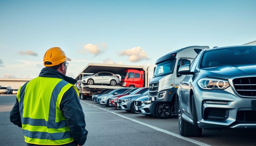 A bustling vehicle shipping terminal in Canada, showcasing a convoy of diverse vehicles lined up for transport. In the foreground, a professional car mover in a bright safety vest oversees the loading of cars onto a large transport truck. The middle ground features the transport truck itself, with shiny vehicles secured onto it, highlighting the care and precision in handling. In the background, an expansive loading dock with a bright blue sky above, and a few clouds casting soft shadows on the scene, creating a sense of calm and reliability. Employ soft, natural lighting to evoke a sense of trust and professionalism. Use a wide-angle perspective to capture the scale of the operation, emphasizing the organization's efficiency and commitment to safe, reliable auto transport.