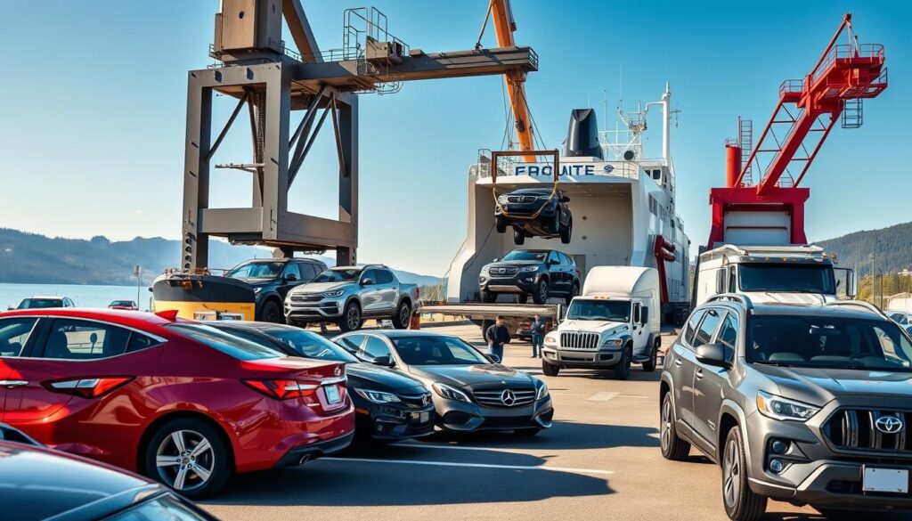 A bustling vehicle shipping terminal in Canada, showcasing a variety of cars and trucks being loaded onto a transport ship. In the foreground, neatly arranged vehicles reflect vibrant colors, with a focus on a shiny red sedan and a rugged SUV. The middle ground features workers in professional attire overseeing the loading process, while modern cranes hoist vehicles onto the deck of a large shipping vessel. The background reveals scenic Canadian landscapes, with rolling hills and pine trees under a clear blue sky. Soft, natural lighting enhances the scene, creating a sense of optimism and reliability. The composition should be shot from a slightly elevated angle, capturing the scale of the operation while maintaining a professional and informative atmosphere.