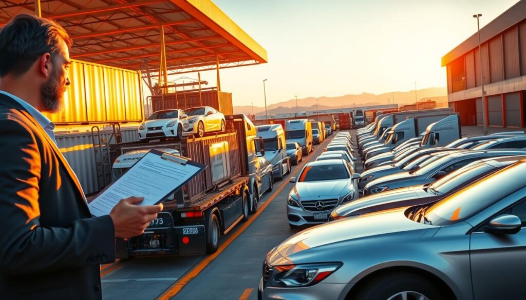 A bustling vehicle shipping terminal set during golden hour, with warm sunlight illuminating rows of various cars and trucks awaiting transport. In the foreground, a professional employee in business attire inspects paperwork on a clipboard, while nearby, a transporter truck loaded with shiny vehicles prepares for departure. In the middle, the terminal is alive with activity, showcasing shipping containers and vehicles, hinting at efficient logistics. The background reveals a clear sky and distant mountains, symbolizing the vast destinations available. The atmosphere is energetic and organized, emphasizing the seamless transition of vehicles from one place to another. The scene captures the essence of instant car shipping, ensuring a sense of reliability and professionalism.