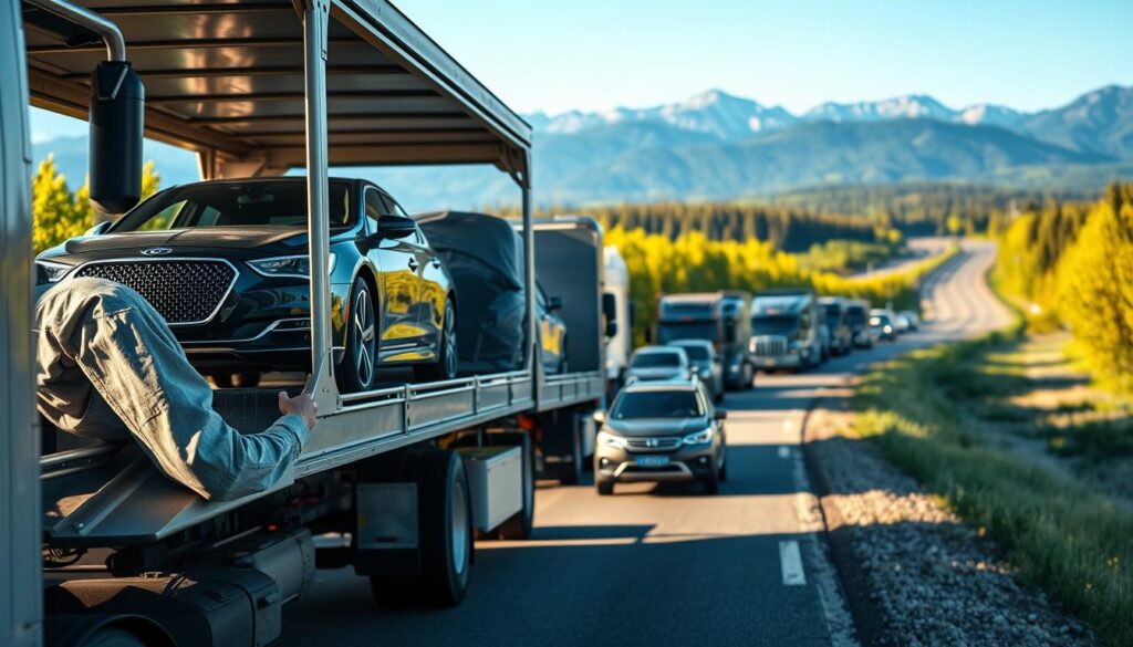 A bustling vehicle transport scene showcasing a fleet of modern auto transport trucks loaded with a variety of cars navigating through a scenic landscape. In the foreground, include a professional truck driver in business attire, closely inspecting a pristine vehicle on the transporter. The middle ground features a line of trucks traveling along a smooth highway lined with lush green trees, symbolizing the journey across Canada and to the United States. In the background, a clear blue sky brightens the scene, with distant mountains providing a sense of scale. Employ soft, natural lighting to enhance the realism, shot from a slightly elevated angle to capture both the fleet and the expansive landscape. The atmosphere should feel trustworthy, efficient, and professional, emphasizing the reliability of vehicle transport services. A bustling vehicle transport scene showcasing a fleet of modern auto transport trucks loaded with a variety of cars navigating through a scenic landscape. In the foreground, include a professional truck driver in business attire, closely inspecting a pristine vehicle on the transporter. The middle ground features a line of trucks traveling along a smooth highway lined with lush green trees, symbolizing the journey across Canada and to the United States. In the background, a clear blue sky brightens the scene, with distant mountains providing a sense of scale. Employ soft, natural lighting to enhance the realism, shot from a slightly elevated angle to capture both the fleet and the expansive landscape. The atmosphere should feel trustworthy, efficient, and professional, emphasizing the reliability of vehicle transport services.