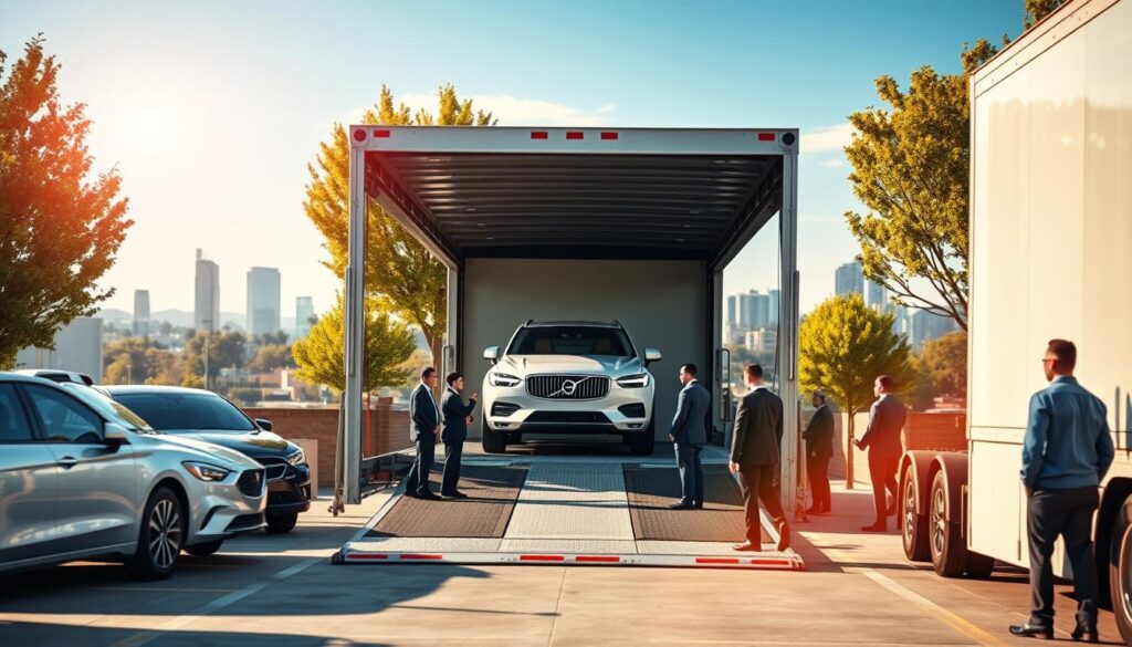 A busy Stockton auto transport scene, featuring a modern car shipping facility in the foreground with sleek, well-maintained vehicles being loaded onto a car carrier truck. A diverse group of professional workers in smart business attire are assisting with the loading process, showcasing teamwork and efficiency. In the middle ground, the car carrier is parked under a bright, clear sky, with trees lining the sides of the facility, adding a touch of nature. The background depicts a vibrant view of Stockton's skyline, combining urban elements with a sense of freedom. Soft, natural lighting illuminates the entire scene, creating a welcoming and efficient atmosphere, with a slight lens flare to enhance the image's warmth and professionalism.