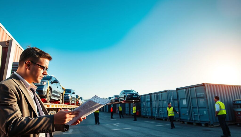 A busy auto shipping facility in Canada, showcasing a large transport truck loaded with various cars securely strapped down for transport. In the foreground, a professional-looking person in business attire is examining a shipping document, highlighting the importance of understanding auto shipping prices. The middle ground features several neatly parked shipping containers, with workers in safety vests interacting and coordinating logistics. In the background, a bright blue sky enhances the scene, while the sun casts soft, warm lighting, creating an inviting atmosphere. The angle is slightly elevated, providing a panoramic view of the bustling facility, emphasizing efficiency and safety in vehicle transport.