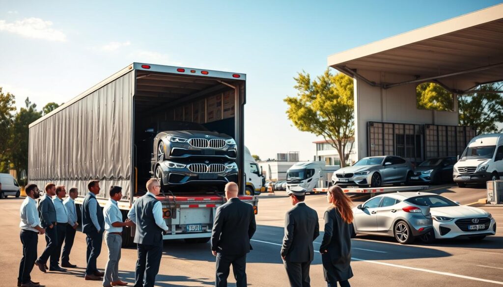 A busy auto transport scene showing a professional automotive shipping company at work. In the foreground, a diverse team of well-dressed logistics professionals, including men and women, are discussing delivery plans next to a large, open car carrier truck loaded with several luxury vehicles. In the middle ground, a bright and sunny day with a clear blue sky, showcasing a delivery checkpoint where cars are being unloaded. Trucks and equipment are organized neatly, conveying efficiency and professionalism. The background features a loading dock with additional vehicles lined up, waiting for transport, while trees and distant buildings create a vibrant, active atmosphere. Soft natural lighting illuminates the scene, highlighting the attention to detail in the vehicles and equipment, reflecting a theme of safety and careful transport.