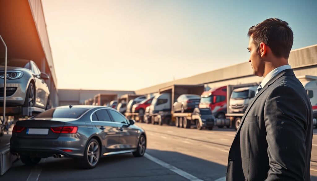 A busy auto transport scene unfolds on an expansive loading dock, filled with various vehicles being prepared for shipping. In the foreground, a professional car shipping broker in business attire inspects a sleek sedan on a transport truck, exuding confidence and expertise. The middle layer showcases several transport trucks, each loaded with a variety of cars, highlighting the efficiency and scale of the auto transport industry. In the background, a clear blue sky contrasts with the hustle of the loading dock, where workers efficiently manage the logistics of car shipping. Soft sunlight casts warm, inviting shadows, creating a dynamic yet organized atmosphere, with a focus on professionalism and dependability in auto transport solutions.