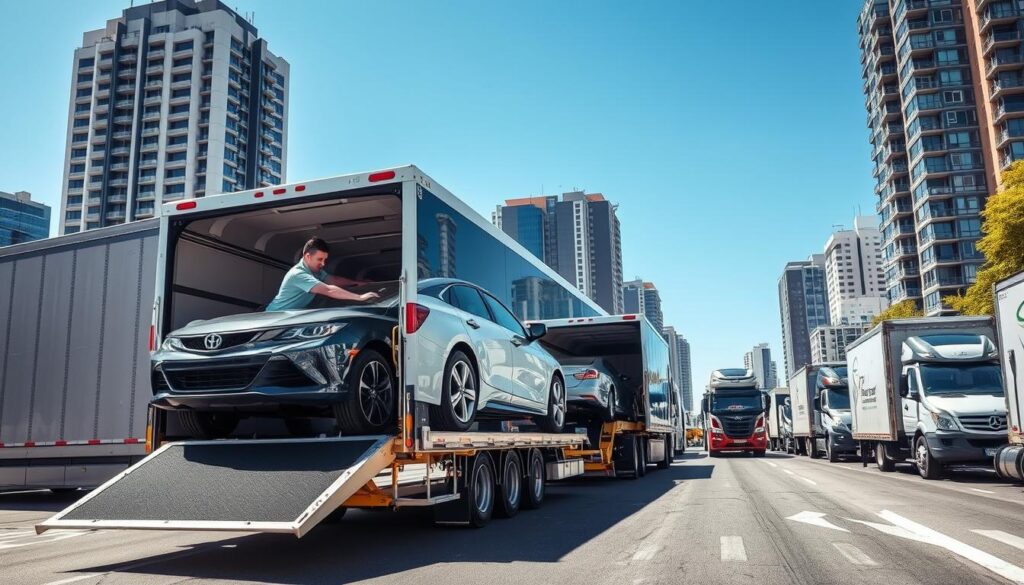 A busy auto transport services scene in a vibrant urban setting, foreground features a sleek, modern car being carefully loaded onto a spacious, state-of-the-art transport truck by a professional in a crisp uniform, showcasing precision and care. The middle ground displays a well-organized fleet of transport vehicles, reflecting reliability and efficiency, with a variety of cars securely placed on different trucks. In the background, a clear blue sky complements the bustling atmosphere of the city, with tall buildings providing an urban context. The lighting is bright and natural, creating a sense of optimism and professionalism. The overall mood is one of trust and dependability, encapsulating the essence of top-rated car transport services chosen by satisfied customers.