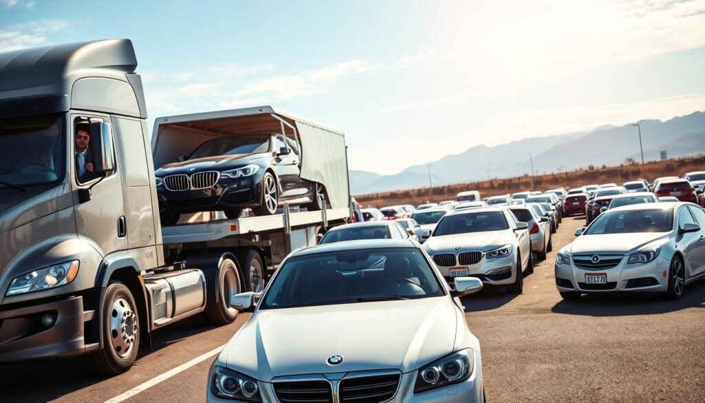 A busy auto transport terminal showcasing state-to-state transport of vehicles. In the foreground, a professional auto transport truck loading a sleek car onto its trailer, with the driver wearing a business-casual outfit. The middle ground features rows of diverse vehicles waiting to be shipped, each representing different states with their unique license plates. The background reveals a clear blue sky and distant mountains, symbolizing the vastness of the U.S. landscape. Soft natural lighting bathes the scene, highlighting the glossy finishes of the cars and the polished exterior of the truck. The atmosphere conveys efficiency and professionalism, emphasizing the practicality of affordable car shipping across state lines. Capture this scene from a slightly elevated angle to encompass the entire operation effectively.