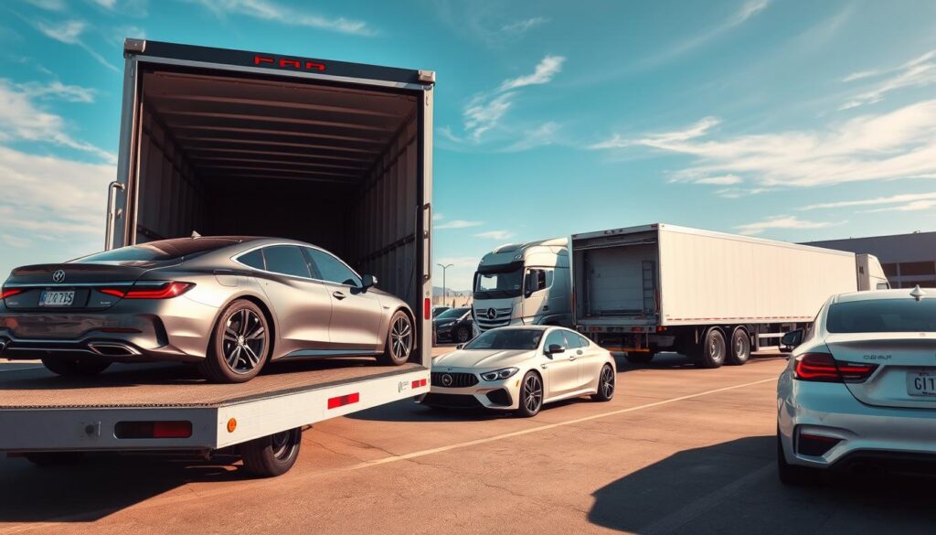 A busy automobile transport scene depicting a car shipping service, showcasing different transport options. In the foreground, a sleek vehicle is loaded onto a modern open trailer, highlighting door-to-door service. In the middle ground, multiple cars are lined up at a terminal, illustrating a terminal-to-terminal shipping process. An enclosed transport truck is visible in the background, providing a sense of security for high-end vehicles. The setting is outdoors under a bright blue sky with soft, diffused sunlight casting gentle shadows, creating a calm and professional atmosphere. The perspective is wide-angle, emphasizing the organized flow of cars, with crisp and clear details capturing the essence of safe and reliable car transport.