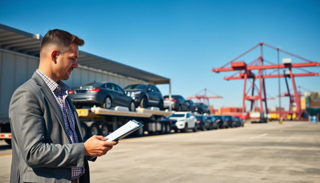 A busy car shipping terminal during the day, showcasing a fleet of trucks transporting various types of automobiles, including sedans and SUVs. In the foreground, a professional logistics manager, dressed in a smart casual outfit, reviews shipping documents on a clipboard. The middle ground features a row of enclosed car carriers, slightly tilted to display their cargo, with vehicles securely loaded and positioned. In the background, a bright blue sky contrasts with the chrome of the trucks and cars, while distant shipping containers and cranes indicate a bustling port atmosphere. The scene is well-lit by natural daylight, emphasizing the importance of reliable auto transport services. The image conveys a sense of professionalism, organization, and trust in the car shipping process.