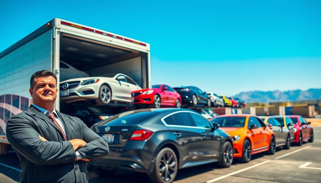 A busy car shipping terminal in Stockton, California, featuring a modern transport truck loaded with various vehicles ready for delivery. In the foreground, showcase a professional driver in business attire inspecting the shipment, with a confident demeanor. In the middle, highlight rows of gleaming cars in vibrant colors, neatly organized under a bright sunny sky. The background should depict the expansive terminal with shipping containers and a clear view of distant mountains, emphasizing logistics and connectivity across the United States. Use vibrant, natural lighting to create a warm atmosphere, and capture the scene with a slight low-angle perspective to enhance the sense of scale and reliability in vehicle shipping operations.