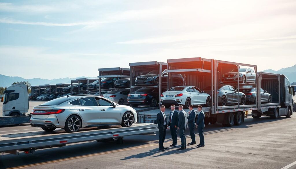 A busy car shipping terminal showcasing a variety of open transport options. In the foreground, a flatbed truck is unloading a sleek, modern vehicle, surrounded by an orderly display of multiple open transport trailers lined up, each carrying several cars securely strapped down. In the middle ground, professional workers in business attire are inspecting the vehicles, discussing logistics, ensuring safe transport. The background features a clear blue sky, with distant mountains to add depth and a hint of serenity. Soft, natural lighting bathes the scene, enhancing the vibrant colors of the vehicles and the trucks. The atmosphere is dynamic yet organized, reflecting reliability and professionalism in car shipping services.