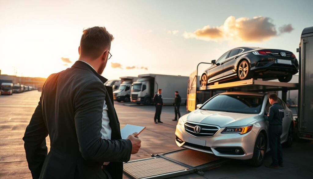 A busy car shipping yard during golden hour, showcasing the vehicle shipping process. In the foreground, a professionally dressed shipping coordinator inspects a shiny sedan as it is carefully loaded onto a car transport trailer. The middle ground features several transport trucks with vehicles securely strapped down, surrounded by mechanics performing checks. The background includes a clear sky with a few fluffy clouds, emphasizing a calm and organized environment. The lighting is soft and warm, creating a sense of efficiency and professionalism. The scene captures the essence of a reputable car shipping service, showcasing safety and care in vehicle transport. The atmosphere is busy yet orderly, reflecting a well-coordinated operation in the auto transport industry.
