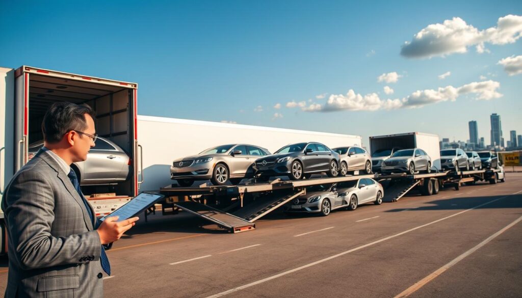 A busy car shipping yard in the United States, featuring a row of different vehicles being loaded onto large transport trucks. In the foreground, a professional in business attire inspects the cars, clipboard in hand, showcasing the importance of safety and proper handling. The middle ground reveals several trucks with ramps, equipped with various types of vehicles, including sedans, SUVs, and vintage cars being carefully arranged. The background shows a bright blue sky with a few fluffy clouds and a hint of a city skyline in the distance. The scene is captured with a wide-angle lens to emphasize the scale of the operation, with natural lighting casting soft shadows, creating a sense of organized activity and professionalism in the automotive shipping industry.