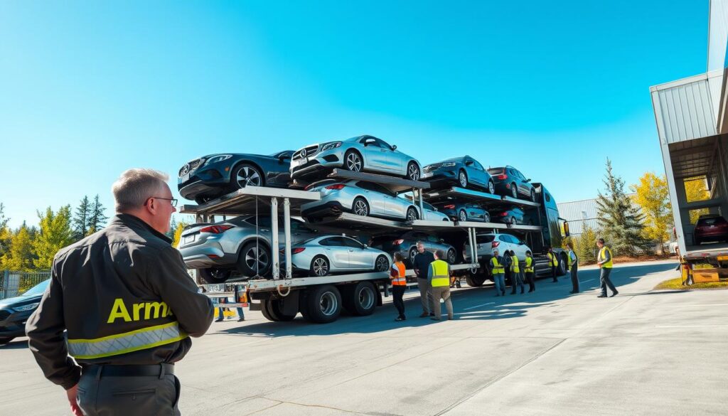 A busy car transport delivery scene set in a truck-loading facility in Canada. In the foreground, a professional driver in modest casual clothing is inspecting a multi-level car carrier truck loaded with a variety of vehicles, including sedans, SUVs, and trucks. The middle ground features the truck backing up to a loading dock, with ramps leading up to it, surrounded by workers in safety vests coordinating the loading process. In the background, a clear blue sky indicates a sunny day, while bursts of greenery and a few Canadian maple trees add to the scenery. The lighting is bright and natural, enhancing the efficient and reliable atmosphere of car shipping logistics. The angle captures the depth of the loading area, emphasizing the scale of the operation.