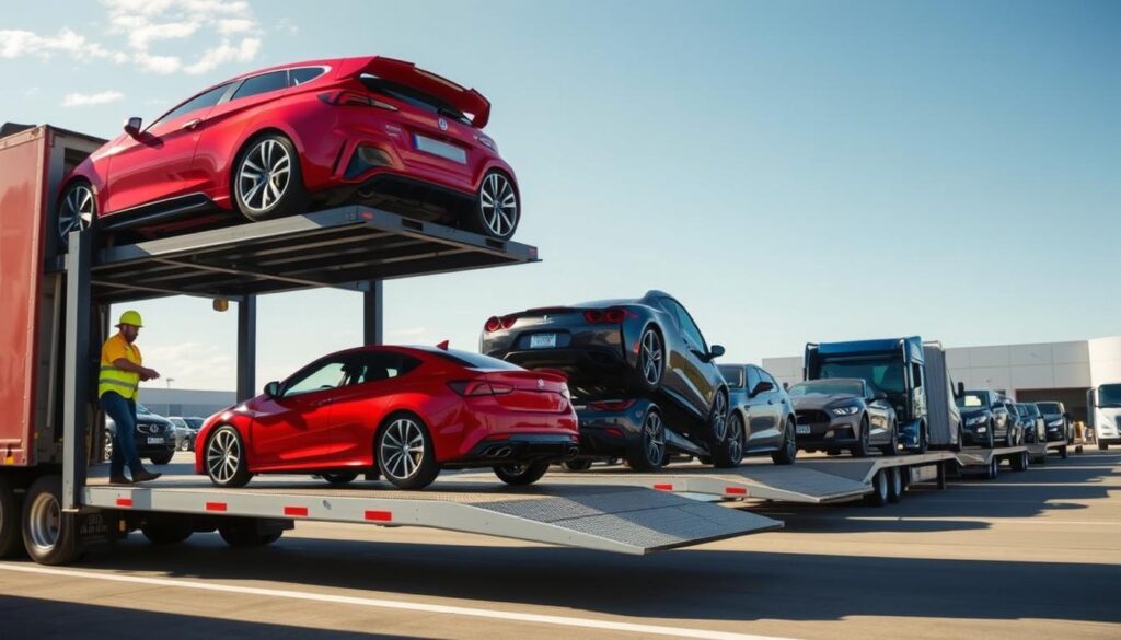 A busy car transport scene featuring several car transporters lined up at a transport terminal. In the foreground, a bright red car being carefully loaded onto a large, flatbed truck, showcasing the precise movement of the operator in safety gear. In the middle ground, additional transporters are visible, some carrying a variety of vehicles including sports cars and SUVs. The background reveals a scenic view of a clear blue sky and a modern warehouse, creating an atmosphere of professionalism and efficiency. Soft sunlight bathes the entire scene, highlighting the details of the vehicles and the trucks. The angle is slightly elevated, providing a comprehensive overview of the operation, evoking a sense of reliability and swift service in vehicle shipping.