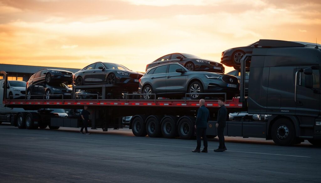 A busy car transportation yard with a sleek car transporter truck in the foreground, loaded with various vehicles like sedans and SUVs secured on its multi-level platform. In the middle ground, professional workers in smart uniforms are carefully inspecting and guiding the loading process, emphasizing reliability and attention to detail. The background features an expansive sky with soft, golden hour lighting, casting a warm glow over the scene, adding a sense of trustworthiness and professionalism. The perspective should be slightly angled from a low viewpoint, focusing on the truck and the vehicles, showcasing the scale and efficiency of the transport service. The atmosphere is organized and industrious, illustrating a dependable car transporter service. A busy car transportation yard with a sleek car transporter truck in the foreground, loaded with various vehicles like sedans and SUVs secured on its multi-level platform. In the middle ground, professional workers in smart uniforms are carefully inspecting and guiding the loading process, emphasizing reliability and attention to detail. The background features an expansive sky with soft, golden hour lighting, casting a warm glow over the scene, adding a sense of trustworthiness and professionalism. The perspective should be slightly angled from a low viewpoint, focusing on the truck and the vehicles, showcasing the scale and efficiency of the transport service. The atmosphere is organized and industrious, illustrating a dependable car transporter service.
