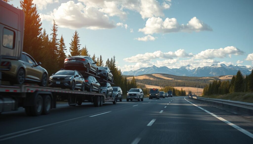 A busy highway scene depicting vehicle transport across Canada during daylight. In the foreground, a sleek transport truck adorned with colorful vehicle trailers is transporting various cars, ranging from compact sedans to rugged SUVs. In the middle ground, there are picturesque Canadian landscapes featuring rolling hills and dense pine forests, showcasing a quintessential view of the Canadian countryside. The background captures the distant silhouette of the Rocky Mountains under a bright blue sky with fluffy white clouds, evoking a sense of adventure. Soft sunlight filters through the trees, casting dappled shadows on the road, creating a warm and inviting atmosphere. The angle is slightly elevated, providing a dynamic perspective that emphasizes the scale of the transport operation against the beauty of the Canadian landscape.