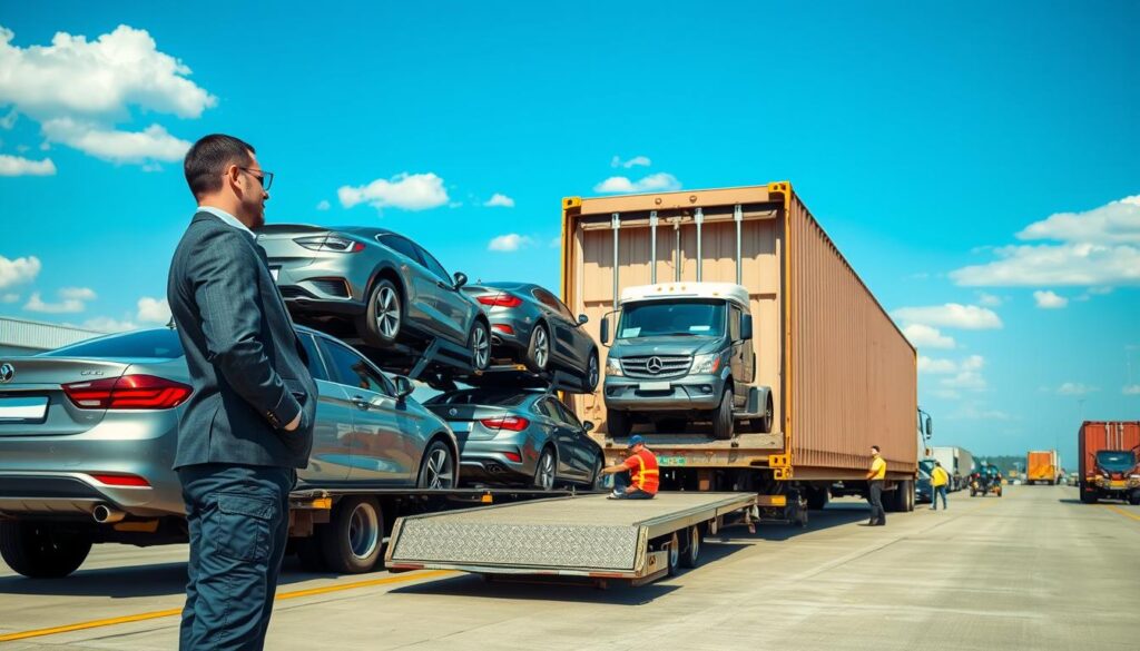 A busy vehicle shipping scene showing a transport truck loaded with multiple cars, including sedans and SUVs, ready for shipping. In the foreground, a professional-looking driver in business attire inspects the vehicle loading. In the middle ground, the transport truck is backed up to a large shipping container at a logistics facility, surrounded by staff managing the shipment. In the background, a clear blue sky with soft clouds enhances the atmosphere of a bustling auto transport hub. The lighting is bright and natural, capturing the realism of a sunny day. The perspective is slightly elevated, showcasing both the truck and the shipping container in detail, emphasizing reliability and professionalism in the auto transport industry.