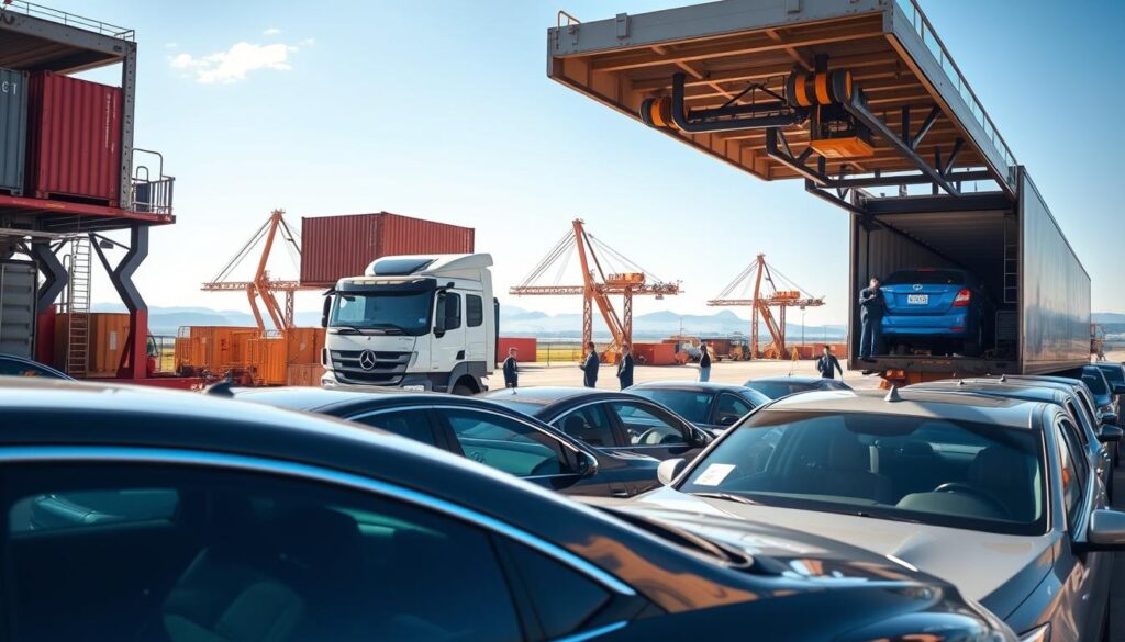 A busy vehicle shipping terminal in Canada, showcasing a large transport truck unloading cars. In the foreground, neatly arranged vehicles, including sedans and SUVs, gleam under natural sunlight, reflecting a sense of professionalism and care. The middle ground displays cranes and shipping containers, with workers in professional attire coordinating the unloading process. The background features a clear sky and distant landscapes, hinting at a vast country transportation network. The scene is brightly lit, capturing the bustling atmosphere of a trusted shipping hub, with an emphasis on organization and reliability. The perspective is from a slightly elevated angle, providing a comprehensive view of the vehicle shipping operation, conveying a mood of efficiency and professionalism.