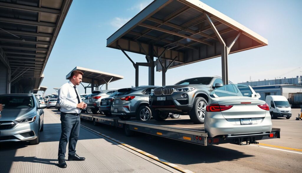 A busy vehicle shipping terminal in Canada, showcasing multiple car carriers loading and unloading a variety of vehicles, including sedans, SUVs, and trucks. In the foreground, a professional worker in business attire is inspecting a vehicle on a shipping ramp, ensuring safety protocols are followed. In the middle ground, several car carriers are lined up, with some vehicles being carefully secured and others waiting to be boarded. The background features a clear blue sky and distant industrial buildings, creating a typical shipping environment. Soft, natural lighting highlights the scene, with a focus on the vehicles and workers, evoking a sense of organization and professionalism in the auto transport industry. The mood is industrious yet calm, emphasizing the systematic process of vehicle shipping. A busy vehicle shipping terminal in Canada, showcasing multiple car carriers loading and unloading a variety of vehicles, including sedans, SUVs, and trucks. In the foreground, a professional worker in business attire is inspecting a vehicle on a shipping ramp, ensuring safety protocols are followed. In the middle ground, several car carriers are lined up, with some vehicles being carefully secured and others waiting to be boarded. The background features a clear blue sky and distant industrial buildings, creating a typical shipping environment. Soft, natural lighting highlights the scene, with a focus on the vehicles and workers, evoking a sense of organization and professionalism in the auto transport industry. The mood is industrious yet calm, emphasizing the systematic process of vehicle shipping.