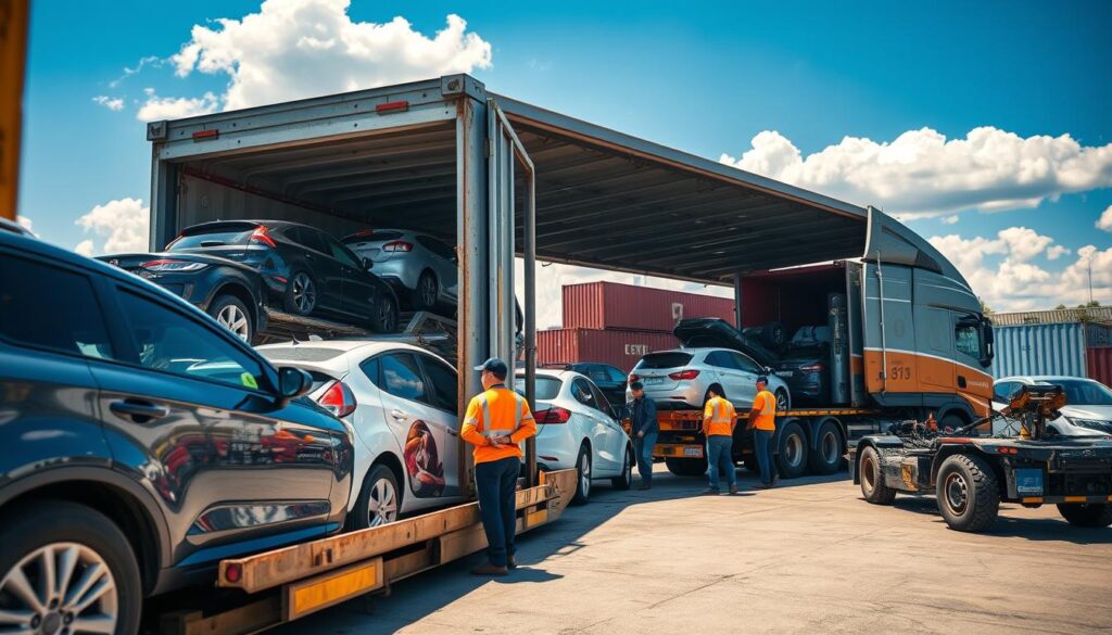 A busy vehicle shipping terminal is depicted in the foreground, showcasing a variety of cars being loaded onto a large transport truck. Some vehicles are neatly aligned on the truck's ramps, while others are parked in the background, waiting for transport. In the middle ground, workers in professional attire are operating machinery and coordinating the loading process, ensuring safety and efficiency. The background includes a sunny sky with a few fluffy clouds and shipping containers, adding a sense of industrial activity. The lighting is bright and vibrant, creating a lively atmosphere. The angle captures the scene from a slightly elevated perspective, providing a clear view of the entire operation, emphasizing the logistics of car shipping.