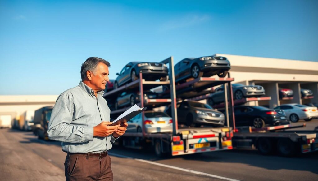 A busy vehicle shipping yard during daylight, showcasing multiple car transport trucks lined up, some loaded with cars, others waiting to be loaded. In the foreground, a professional-looking person in business attire inspects a truck with a clipboard, symbolizing trust and reliability. The middle ground features various automobiles, from sedans to SUVs, securely placed on transport vehicles, highlighting the diversity of the shipments. The background reveals a large warehouse with vehicle loading docks under a clear blue sky, enhancing the feeling of an organized, efficient operation. Soft sunlight casts gentle shadows, creating a positive atmosphere of safety and professionalism in auto transport logistics.