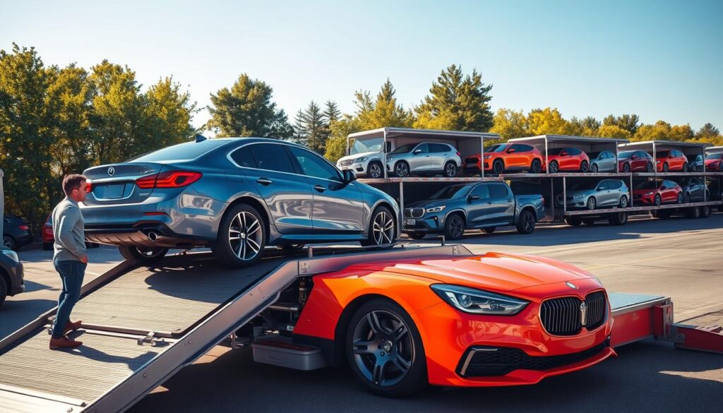 A busy vehicle transport yard showcasing multiple car carriers lined up, with brightly colored vehicles being loaded and unloaded. In the foreground, a professional driver in modest casual attire guides a sleek sedan onto a hydraulic ramp of a trailer. The middle ground features various transport trucks, each with a mix of cars, trucks, and SUVs in vibrant hues. The background reveals a clear blue sky and lush trees lining the perimeter, indicating a sunny day. The scene is illuminated by warm natural light, casting soft shadows that enhance the details of the vehicles. The overall mood conveys efficiency, trust, and professionalism in auto shipping services across Canada, capturing the essence of vehicle transport.