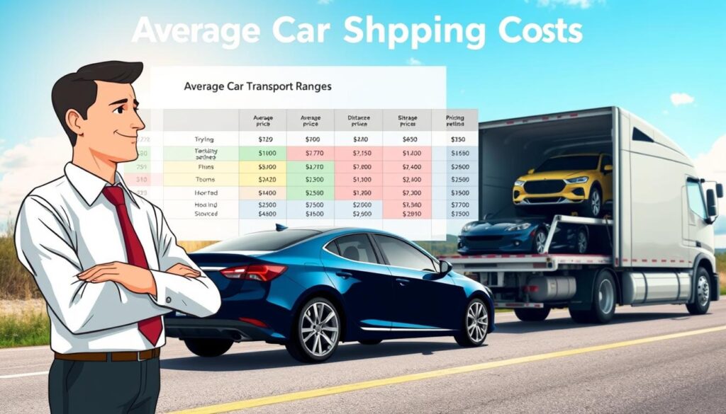 A clear and informative illustration showing average car shipping costs. In the foreground, a friendly, professional auto transport representative in business attire is discussing options with a potential customer next to two parked cars representing different shipping price tiers. The middle ground features a visually appealing spreadsheet or graph displaying average price ranges for different distances and transport methods, highlighted with bright colors. The background contains a car shipping truck with cars loaded, set against a sunny day, with light illuminating the scene, creating a positive and reassuring atmosphere. The composition should be balanced, capturing a sense of professionalism and clarity in the car shipping industry.