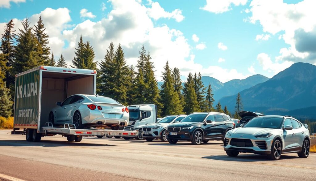 A comprehensive scene depicting various car transport options in Canada. In the foreground, showcase a well-maintained open car trailer transporting a compact sedan, while next to it, a closed transport truck carries a luxury SUV. In the middle ground, include a diverse selection of vehicles targeting different budgets, like a classic car and an electric vehicle, all parked neatly. The background features a scenic Canadian landscape with pine trees and mountains under a bright blue sky with soft, fluffy clouds. Use warm, natural lighting to create an inviting atmosphere. Capture the scene from a slightly elevated angle, emphasizing the transport solutions in a professional manner, evoking a sense of reliability and expertise in auto transport services. A comprehensive scene depicting various car transport options in Canada. In the foreground, showcase a well-maintained open car trailer transporting a compact sedan, while next to it, a closed transport truck carries a luxury SUV. In the middle ground, include a diverse selection of vehicles targeting different budgets, like a classic car and an electric vehicle, all parked neatly. The background features a scenic Canadian landscape with pine trees and mountains under a bright blue sky with soft, fluffy clouds. Use warm, natural lighting to create an inviting atmosphere. Capture the scene from a slightly elevated angle, emphasizing the transport solutions in a professional manner, evoking a sense of reliability and expertise in auto transport services.