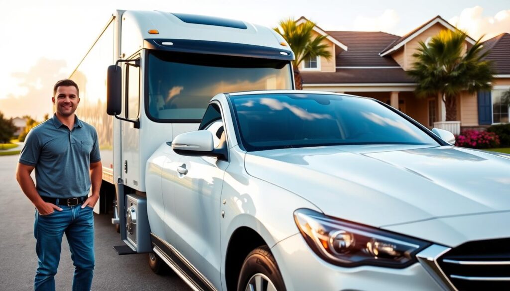 A confident professional in a polo shirt and jeans stands beside a sleek white auto transport truck parked at a suburban driveway, showcasing a well-maintained vehicle ready for transport. In the foreground, the sun casts a warm glow on the truck's polished surface, reflecting a clear blue sky. The middle ground features a welcoming suburban home with vibrant green lawns and flowers, indicating a friendly neighborhood atmosphere. In the background, a clear horizon fills with soft, fluffy clouds, creating a sense of reassurance and reliability. The scene is well-lit, emulating an inviting late afternoon, with a focus on trust and professionalism in auto transport services.