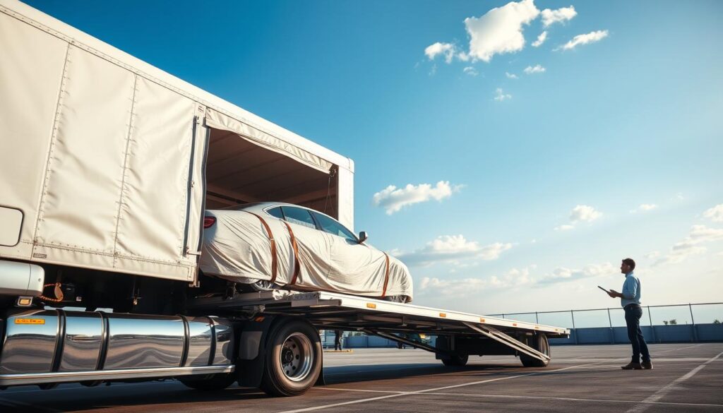 A covered car transport truck parked in a serene, well-lit loading yard, showcasing a pristine sedan securely wrapped in protective materials. In the foreground, emphasize the truck's shiny exterior and secure straps, ensuring the vehicle's safety. The middle ground presents an attentive professional in smart casual attire inspecting the vehicle, highlighting the importance of care in the shipping process. The background features a clear blue sky and a few scattered clouds, adding to the tranquil atmosphere of safe car shipping. Soft, natural lighting enhances the scene, reflecting a sense of reliability and professionalism in vehicle transport. The mood is calm and reassuring, suggesting secure, covered transport from pickup to delivery. A covered car transport truck parked in a serene, well-lit loading yard, showcasing a pristine sedan securely wrapped in protective materials. In the foreground, emphasize the truck's shiny exterior and secure straps, ensuring the vehicle's safety. The middle ground presents an attentive professional in smart casual attire inspecting the vehicle, highlighting the importance of care in the shipping process. The background features a clear blue sky and a few scattered clouds, adding to the tranquil atmosphere of safe car shipping. Soft, natural lighting enhances the scene, reflecting a sense of reliability and professionalism in vehicle transport. The mood is calm and reassuring, suggesting secure, covered transport from pickup to delivery.