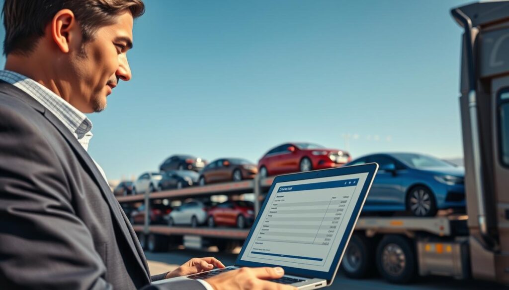 A detailed and engaging scene depicting the basics of car transport. In the foreground, a confident, business-attired professional examines a laptop, displaying a car shipping quote, representing affordability and reliability. The middle section features an array of various cars on a transport truck, highlighting different models and colors, symbolizing the variety of vehicles available for shipping. In the background, a spacious auto transport lot is visible, with a clear blue sky overhead, enhancing the atmosphere of trust and efficiency in car shipping. Warm, natural lighting casts soft shadows, while a slight angle gives a dynamic perspective. The overall mood is informative and reassuring, emphasizing the essentials of affordable car transport without compromising on quality.