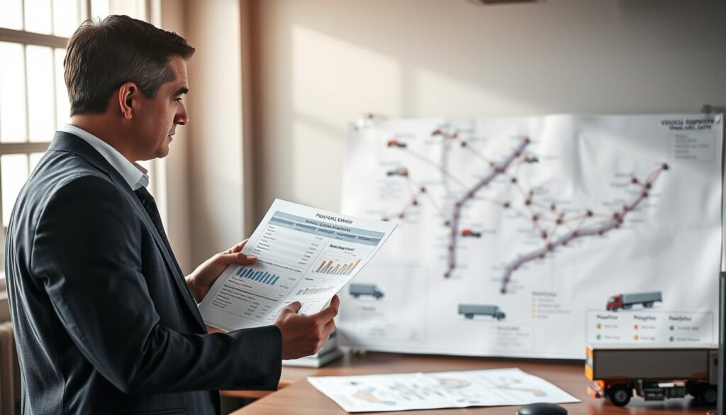 A detailed and organized workspace showcasing a vehicle shipping estimate in progress. In the foreground, a professional business person, dressed in a formal suit, reviews a document with charts and numbers representing shipping costs, standing beside a computer displaying a vehicle shipping calculator interface. In the middle ground, a large map with marked routes and vehicles neatly displayed on a table, emphasizing logistics and planning. The background features a large window with natural light streaming in, illuminating the room and highlighting the focus on professionalism. The mood is serious yet optimistic, reflecting a reliable and transparent process in vehicle shipping estimates. The overall composition captures the essence of organization, focus, and expertise in logistics.