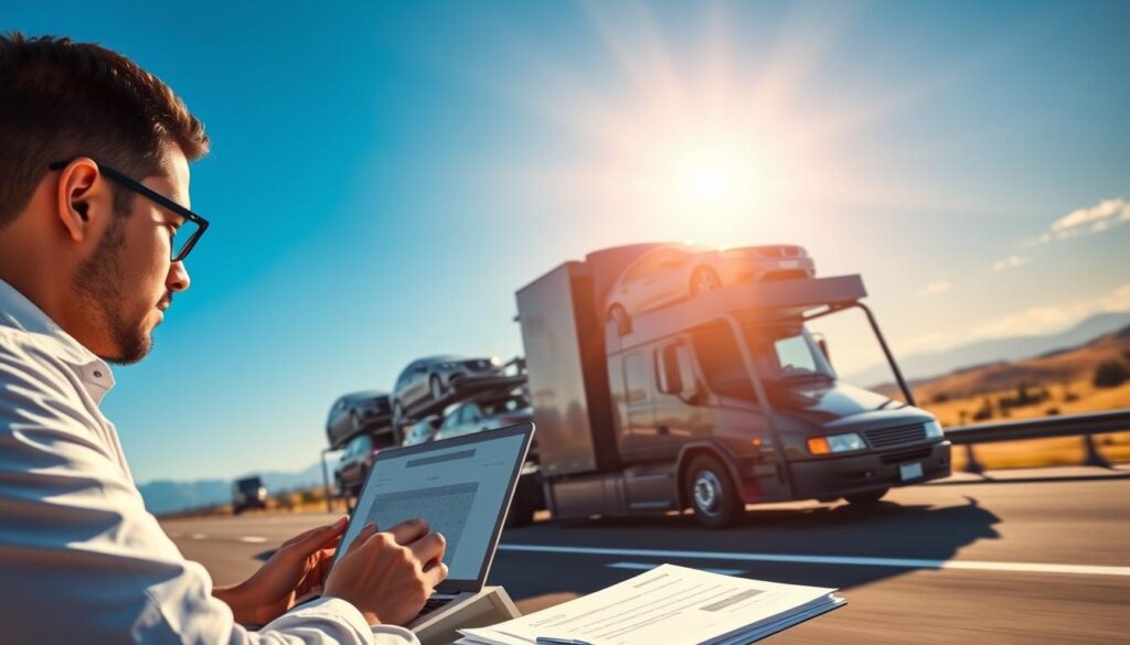 A detailed and realistic depiction of a modern car shipping process, focusing on a sleek auto transport truck loaded with various vehicles, including sedans and SUVs. In the foreground, show a representative using a laptop with an open auto shipping calculator, surrounded by documentation. The middle ground features the transport truck in action on a highway, with clear blue skies and a bright sun casting soft shadows. In the background, include a scenic landscape, perhaps hills or a city skyline, to add depth. Use natural lighting to create a professional and transparent atmosphere, emphasizing efficiency and reliability. The image should reflect a sense of trust and professionalism, suitable for an article on auto transport services.