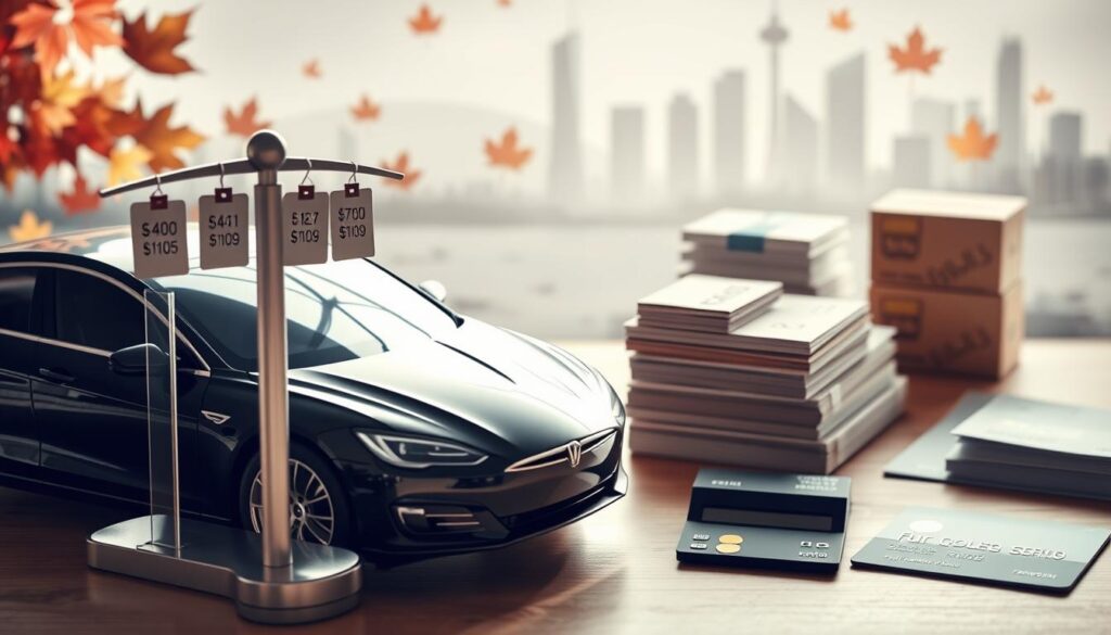 A detailed, artistic representation of car shipping costs in Canada. In the foreground, a sleek car, symbolizing an auto transport vehicle, is parked beside a transparent scale with various shipping price tags displayed. In the middle ground, stacks of shipping boxes and paperwork hint at logistics, while a calculator lies next to a credit card, emphasizing the financial aspect. In the background, an abstract representation of the Canadian landscape, featuring iconic elements like maple leaves and the outline of a city skyline, reflects the Canadian setting. Soft, natural lighting creates a warm atmosphere, with a slight vignette effect focusing on the car and shipping items, conveying a sense of professionalism and clarity.