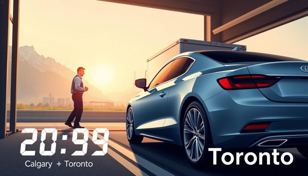 A detailed illustration depicting the transit time of vehicles between Calgary and Toronto. In the foreground, a sleek, modern car is parked on a loading dock, with a digital timer prominently displaying a time interval, suggesting a countdown. In the middle ground, a professional truck driver in a business casual outfit is securing a car on a transport vehicle, showcasing careful professionalism. The background features a scenic view of mountains transitioning to an urban skyline, capturing the journey aspect. Soft, natural lighting creates a warm atmosphere, hinting at the early morning sun. A wide-angle lens effect enhances the depth of field, emphasizing the vast distance cars travel. Overall, the image conveys a sense of reliability and efficiency in car shipping services, reflecting the time-sensitive nature of the transport process. A detailed illustration depicting the transit time of vehicles between Calgary and Toronto. In the foreground, a sleek, modern car is parked on a loading dock, with a digital timer prominently displaying a time interval, suggesting a countdown. In the middle ground, a professional truck driver in a business casual outfit is securing a car on a transport vehicle, showcasing careful professionalism. The background features a scenic view of mountains transitioning to an urban skyline, capturing the journey aspect. Soft, natural lighting creates a warm atmosphere, hinting at the early morning sun. A wide-angle lens effect enhances the depth of field, emphasizing the vast distance cars travel. Overall, the image conveys a sense of reliability and efficiency in car shipping services, reflecting the time-sensitive nature of the transport process.
