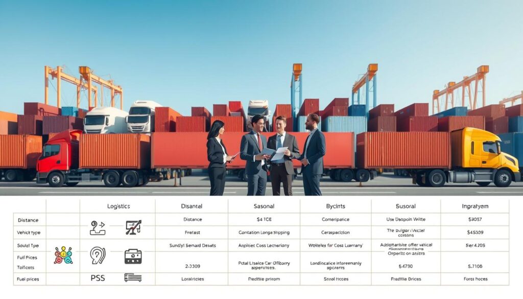A detailed illustration showcasing the diverse factors influencing shipping vehicle costs. In the foreground, a well-organized table featuring icons representing key elements such as distance, vehicle type, seasonal demand, and fuel prices, clearly labeled for easy comprehension. The middle layer presents a diverse group of professionals in business attire discussing logistics, equipped with tablets and clipboards, suggesting analysis and decision-making. In the background, a shipping yard filled with a variety of transport vehicles, such as trucks and containers, under a clear blue sky, evokes a sense of industry and transparency. Soft, natural lighting enhances the professionalism of the scene while creating an inviting atmosphere. The image captures the complexity and dynamics of vehicle shipping costs without any text or distractions.