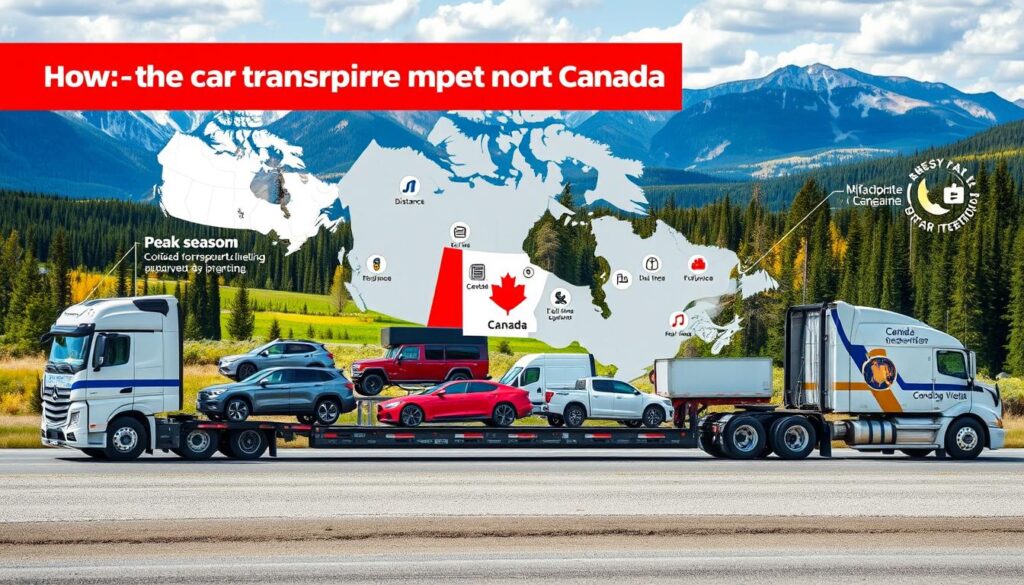 A detailed infographic illustrating vehicle transport factors impacting car shipping costs in Canada. In the foreground, showcase a variety of vehicles, such as sedans, SUVs, and trucks, positioned on a semi-truck trailer, symbolizing transportation logistics. The middle layer features a map of Canada with icons representing key factors like distance, fuel prices, and peak seasons, integrated into the landscape. In the background, depict a vibrant Canadian landscape with mountains and forests, signifying the geographical context. Use natural lighting emphasizing clarity and focus, shot from a slightly elevated angle to capture all elements cohesively. The overall mood should be informative yet engaging, suitable for educational purposes, with a professional atmosphere devoid of any distractions or text.