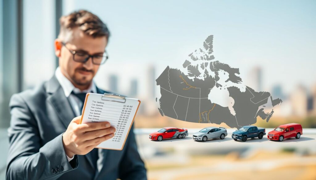 A detailed infographic-style scene depicting auto shipping costs in Canada. In the foreground, a professional consultant in business attire examines a clipboard with varying cost benchmarks based on distance and vehicle type, with a thoughtful expression. In the middle, a well-organized layout of tiny cars, each representing different vehicle types (sedan, SUV, truck) placed beside a contrasting background showcasing a map of Canada with routes highlighted. The background features a soft, blurred city skyline, suggesting the transport services provided across urban and rural areas. Bright, natural lighting adds clarity and a professional atmosphere, while a shallow depth of field focuses on the consultant and the cost data, creating an engaging yet informative representation of the auto shipping cost analysis. A detailed infographic-style scene depicting auto shipping costs in Canada. In the foreground, a professional consultant in business attire examines a clipboard with varying cost benchmarks based on distance and vehicle type, with a thoughtful expression. In the middle, a well-organized layout of tiny cars, each representing different vehicle types (sedan, SUV, truck) placed beside a contrasting background showcasing a map of Canada with routes highlighted. The background features a soft, blurred city skyline, suggesting the transport services provided across urban and rural areas. Bright, natural lighting adds clarity and a professional atmosphere, while a shallow depth of field focuses on the consultant and the cost data, creating an engaging yet informative representation of the auto shipping cost analysis.