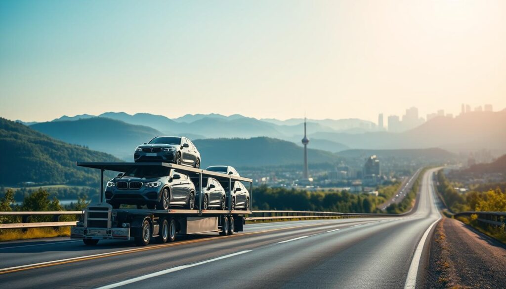A detailed overview of the vehicle transport route from Vancouver to Toronto, showcasing a well-planned auto transport corridor. In the foreground, a sleek car carrier truck is transporting several vehicles, depicted with clear detail and reflective surfaces. The middle ground features a scenic highway stretching through lush green landscapes and mountains, symbolizing the journey. The background presents a distant city skyline of Toronto, blending with a clear blue sky, illuminated by soft, warm sunlight indicating early morning. Capture this scene with a wide-angle lens, ensuring depth and spatial awareness, creating an engaging and professional atmosphere that conveys the efficiency and beauty of cross-country car transport. The image is free from any text or overlay elements.